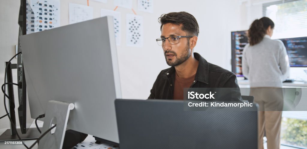 Hispanic Latin American Couple Software Engineer Developer Use Computer ...
