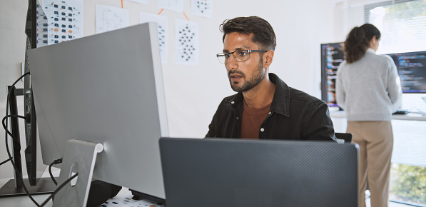Hispanic Latin American Couple Software Engineer Developer Use Computer ...