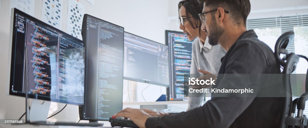 Hispanic Latin American Couple Software Engineer Developer Use Computer ...