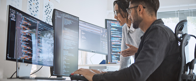 Hispanic Latin American Couple Software Engineer Developer Use Computer ...