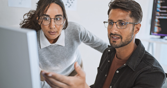 Hispanic Latin American Couple Software Engineer Developer Use Computer ...