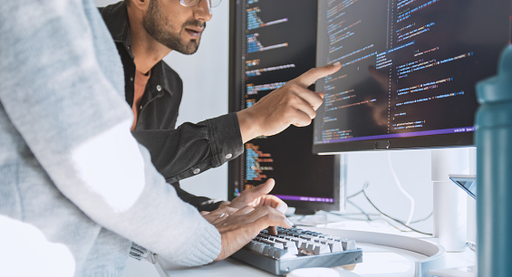 Hispanic Latin American Couple Software Engineer Developer Use Computer ...