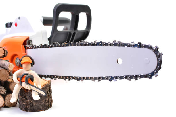 chainsaw in the strong hands of a unrecognizable lumberjack worker, isolated on white background