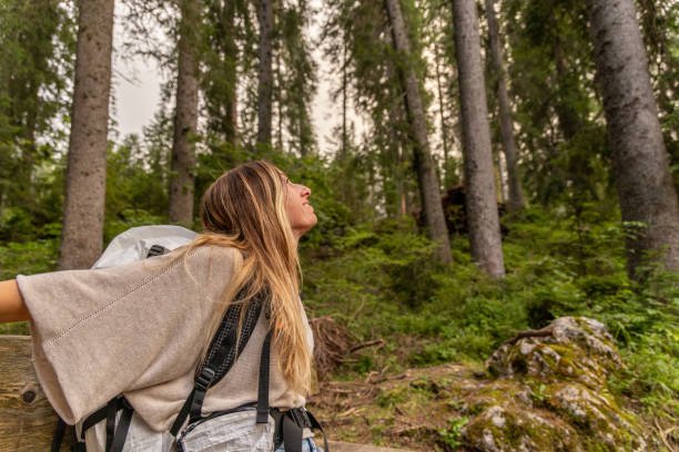 istock Woman resting on a wooden bench during a forest hike 2171156174