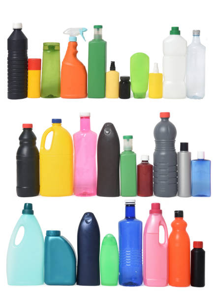 front view of  group of plastic bottles for recycling on white background
