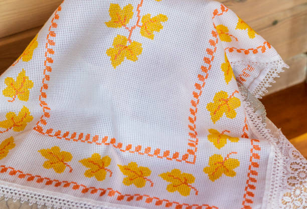 Old fashioned, folklore hand made towel with cross stitched pattern
