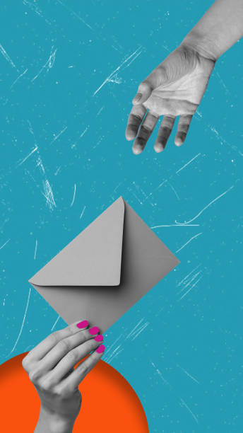 istock A hand with pink nails with a gray envelope transfers to another hand on a bright blue background in a creative modern digital design 2171162422