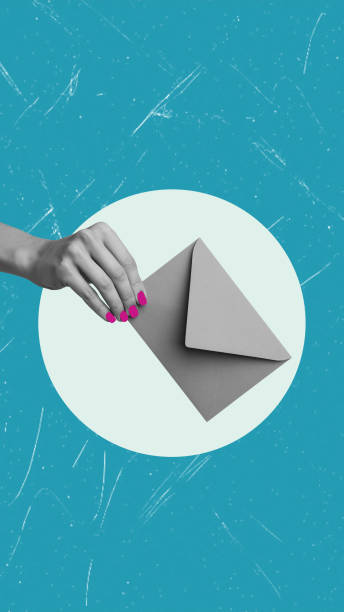 istock Hand with pink nails with gray envelope on bright blue background in creative modern digital design 2171162423
