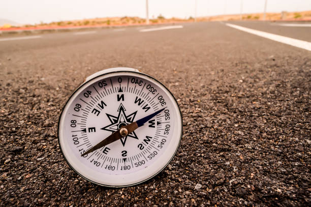 A compass is laying on the ground in front of a road. The compass is pointing to the left