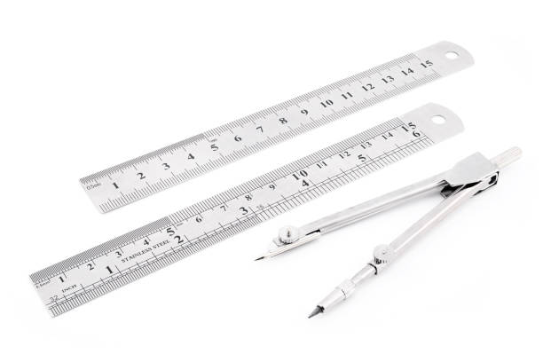 stainless steel ruler and compass for drawing, close-up, clip art on white clipping background