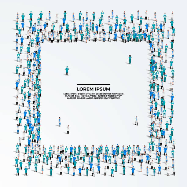 istock A large group of doctors on white background with space for text. Doctor people crowd seamless background. Doctors day concept. Vector illustration 2171169124