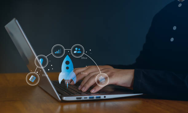 istock Entrepreneurship launch rocket start flying up and network line connection. Startup concept plan development business project digital. 2171173085