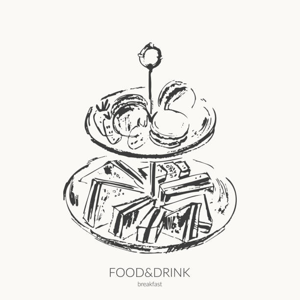 Hand drawn vector food ink sketch illustration. Sweet macarons, strawberries, sandwiches on a tray stand. Afternoon tea or breakfast table set. For food background, hotel buffet and cafe menu design.