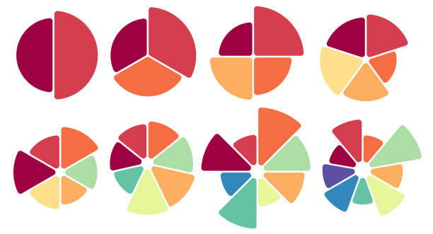 Multicolored Circular Charts for Infographics and Data Visualization These multicolored circular charts are perfect for creating infographics and visualizing data in various presentations and documents. Each chart is designed in a vector format, allowing for high customization without loss of quality, whether used in print or on the web. The illustrations feature a variety of color combinations and segments, ideal for displaying statistical data, processes, or data analysis in business, educational, or marketing materials. The circular diagrams are stylized to be both visually appealing and easy to understand, enhancing the clarity of information presentation. They are especially useful for representing proportional relationships between parts of a whole, such as showing percentage shares, market analysis, resource distribution, and many other applications. With their broad color spectrum and simple design, these charts integrate seamlessly into various projects, providing visual consistency and a professional look.circular charts, infographics, data visualization, vector illustration, diagram, proportion, data analysis, business presentation, marketing materials, visual presentation.Download customizable vector circular charts for infographics and data visualization, ideal for business, educational, and marketing presentations. pie chart stock illustrations