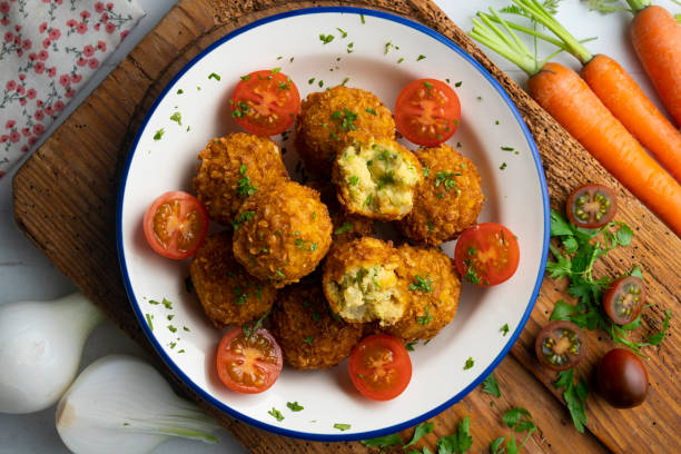 Vegan Chickpea balls coated with panko. Top view table..