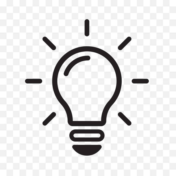 This minimalist icon features a light bulb outlined in black and white, set against a transparent background. The filament inside the bulb is represented by a small line and rectangle at the center. Radiant lines around the upper part of the bulb suggest the emission of light. Universally recognized as a symbol for ideas, innovation, and creativity, this light bulb icon is commonly used in various contexts.