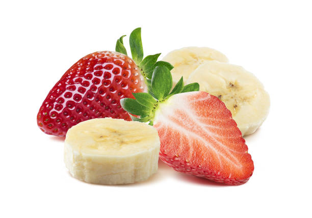 istock Whole and half strawberry, banana pieces square composition isolated 2171183042
