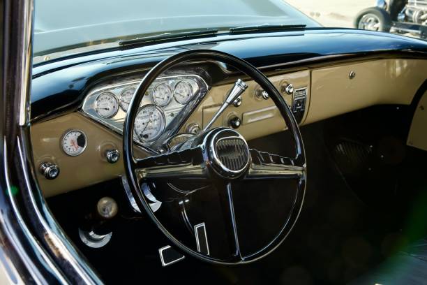 istock Vehicle interior and dashboard details on classic vintage car 2171183137