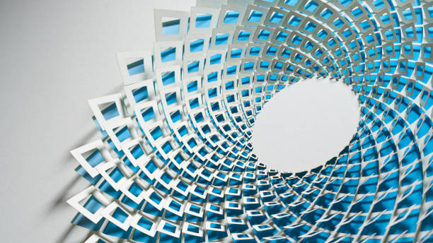 Native image size: 7952 x 4473. This visually striking paper cut-out artwork showcases a spiraling geometric pattern of square shapes, meticulously layered to create a dynamic, three-dimensional effect. The vibrant blue accents beneath the white cut-outs add depth and contrast, enhancing the overall sense of movement. The piece offers a modern and minimalist aesthetic with a captivating illusion of flow and complexity.