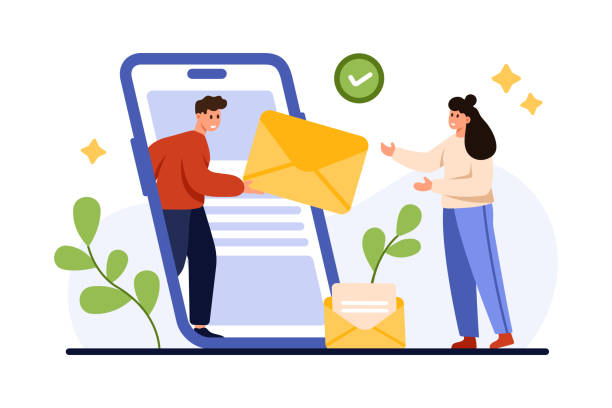 Notification of mail platform about new email in mobile app by tiny person from screen Notification of mail platform about new email in mobile app, subscription. Tiny person from phone screen giving SMS message or newsletter in paper envelope to customer cartoon vector illustration email marketing automation stock illustrations