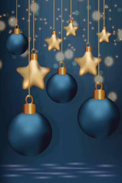istock Vertical greeting card golden stars hanging  Copy space Dark blue background 2171194457