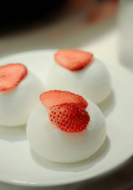 Fresh strawberry vanilla mochi ice cream plate