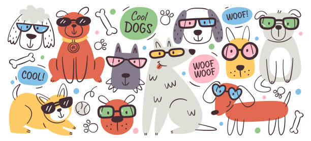 Hand drawn style happy cool dogs funny pet animals characters wearing trendy fashion summer sunglasses design set. Charming purebred puppy mascot colorful graphic sketch art vector illustration