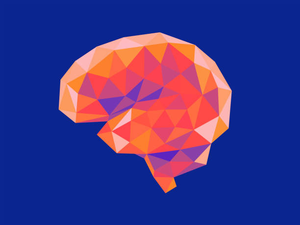 An abstract, low-poly brain 3d rendered in warm orange and pink hues against a cool blue background