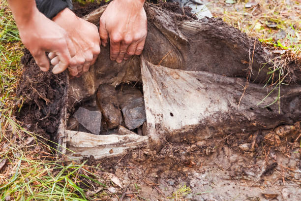 istock Above ground trench with catch basin for drainage pipe. Drainage stone. 2171204377