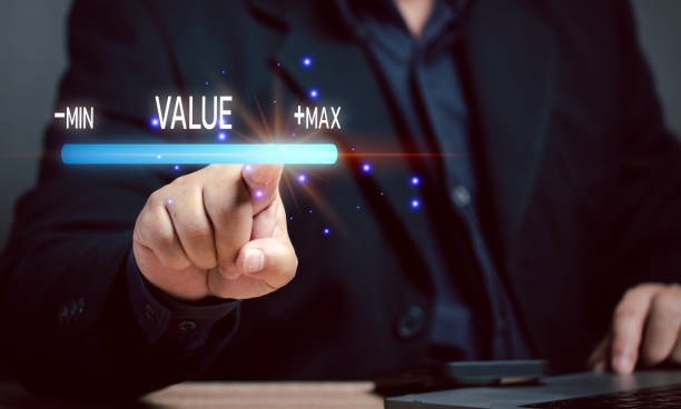 istock Man points at value bar on virtual screen. Value concept. Measuring the success value of a project, task, accomplishment of what is done. Owner satisfaction rating of service. Finance  investment. 2171207726