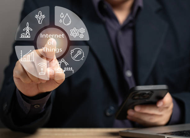 istock Man using internet of things on virtual screen to control various tasks by smartphone. Concept of using technology in daily life. Technology for business connection communication. 2171207797