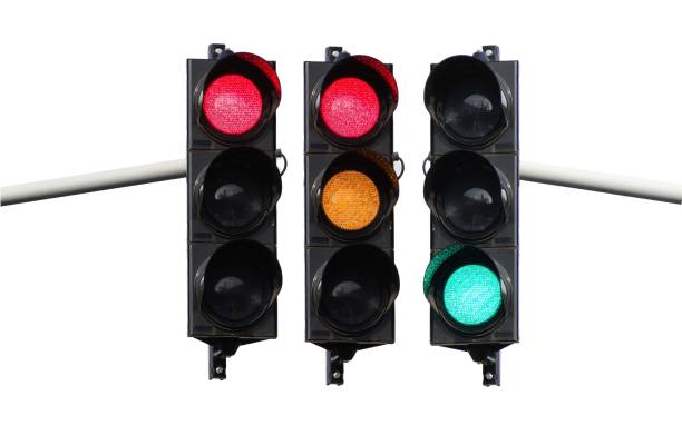 istock Stop red and orange and green light on traffic lights. Isolated on white background. 2171212970