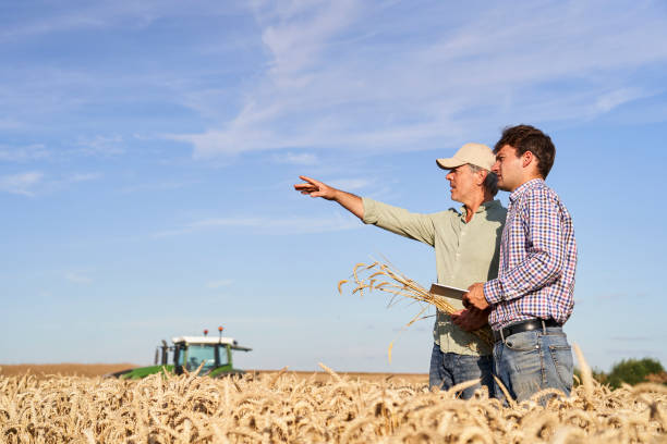 istock Agronomist giving technical instructions to farmer while standing in cultivated field next to harvesting machine 2171217254
