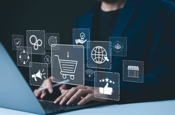 istock Shopping and E-commerce technology concept. A person using laptop with digital icons representing online shopping, global connectivity, marketing, customer reviews, and modern ecommerce technologies. 2171218725