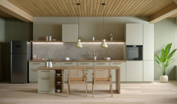 istock Kitchen room interior design of the space features a modern mid century style .soft green wall  and soft green counter with wooden chair ,3d render 2171224503