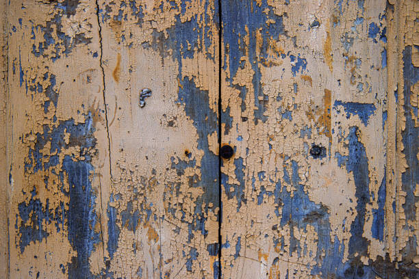 Closeup vintage rustic detailed old wood wall texture with chipped  peeling paint and a worn out surface. Antique wooden floor surface painted yellow. Backdrop design for creative projects. Copy space