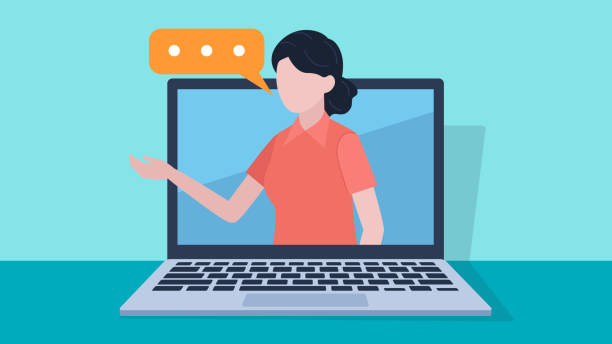 istock Flat design illustration. Customer support women video chat. On the monitor screen there is a woman with a speech bubble. 2171230422