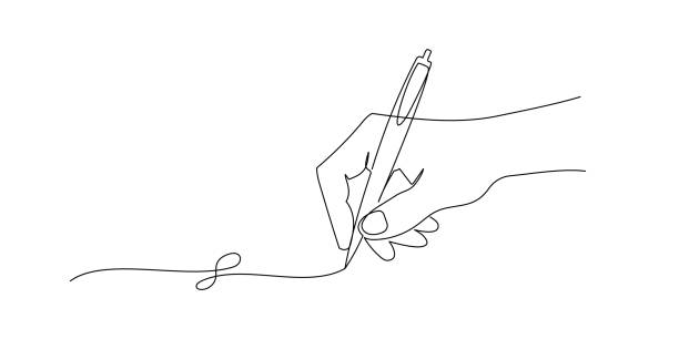 Hand holding pen and writing in one continuous line drawing. Letter and diary concept in simple linear style. School lesson symbol in editable stroke. Doodle outline vector illustration Hand holding pen and writing in one continuous line drawing. Letter and diary concept in simple linear style. School lesson symbol in editable stroke. Doodle outline vector illustration. person writing on notepad stock illustrations