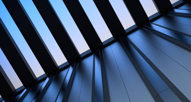 istock Open ceiling, roof in the building at sunset, in the evening. Architectural ceiling design, building style with transparent ceiling and metal elements with reflection,wallpaper.3D render 2171238191