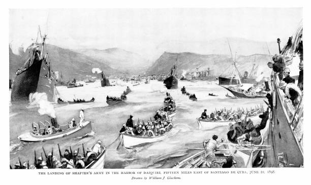 Landing of U.S. General William Rufus in Daquiri Harbor, Santiago, Cuba, in June 22, 2898. Engraving published 1898-99. Original edition is from my own archives. Copyright has expired and is in Public Domain.