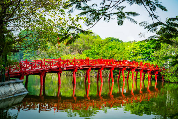 Red bridge in Hanoi, Vietnam during the day.