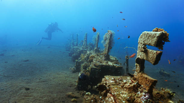 istock Scuba diver at artificial reef and black volcanic sand bottom 2171251616