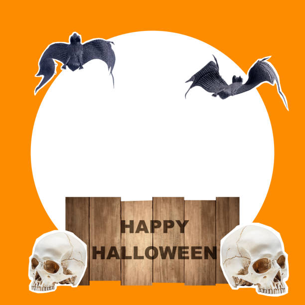 A Halloween themed photo with bats and skulls. The photo is orange and white. The bats are flying around a skull and a wooden sign that says \