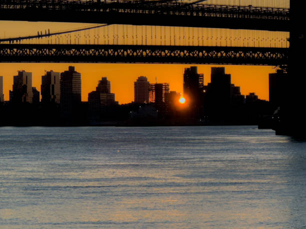 The sunrise bathes NYC in a golden light on a summer day.