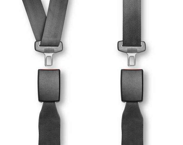Two black seat belts with a silver buckle
