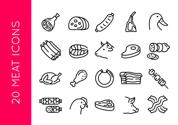мясо иконки набор - бифштекс stock illustrations