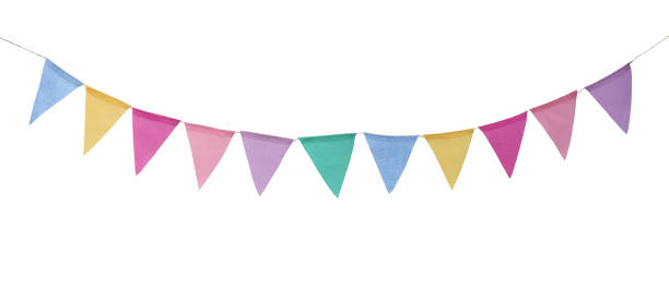 istock Colorful textile bunting party flags isolated on white background with clipping path. Carnival garland with flags for birthday celebration, festival 2171268663