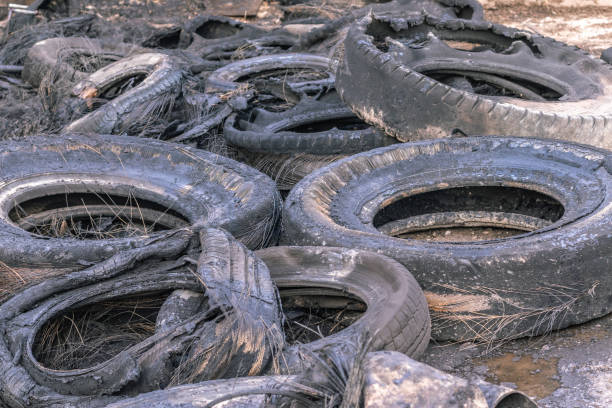 A pile of burnt tires on the ground