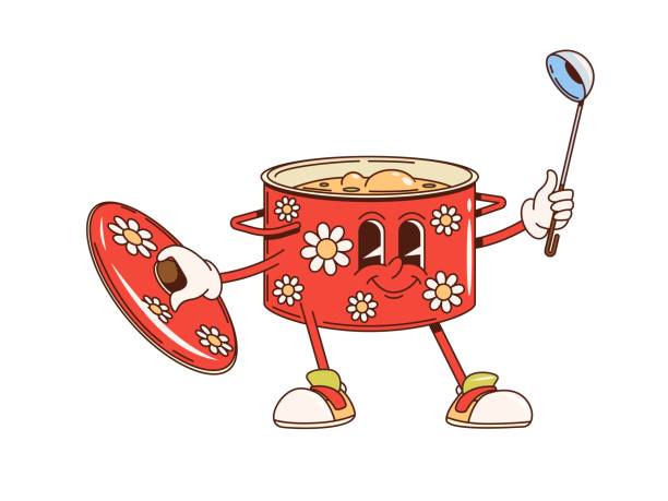 Retro groovy saucepan, kitchenware funny character Retro groovy saucepan or kitchenware utensil character, vector cartoon comic. Groovy funky saucepan or cooking pot with happy smile on face and ladle spoon for kitchen cooking utensil emoji character cutlery cartoons stock illustrations