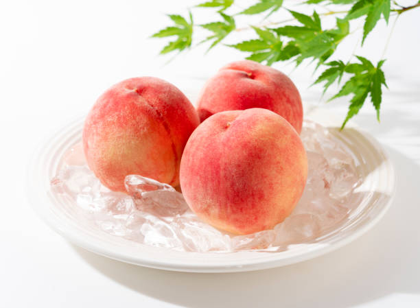 istock Cut peaches and ice on a plate on white background. 2171271870